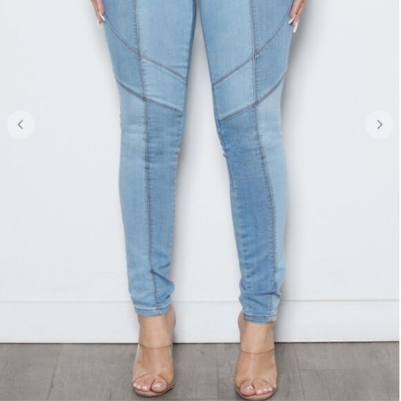 NEW! Sexy Color Blocked Pull On Skinny Blue Jeans Denim Boho Patchwork Leggings - Picture 6 of 8
